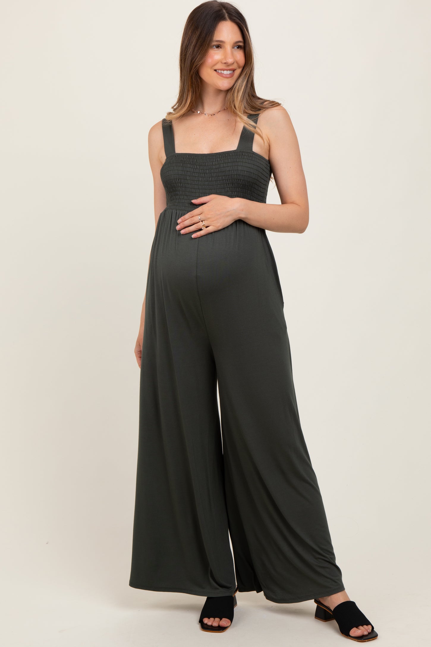 Olive Sleeveless Wide Leg Maternity Jumpsuit