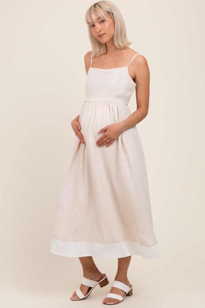 Beige Color Block Back Tie Maternity Midi Dress