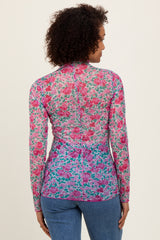 Pink Floral Mesh Long Sleeve Turtle Neck Top