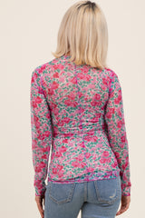 Pink Floral Mesh Long Sleeve Turtle Neck Maternity Top