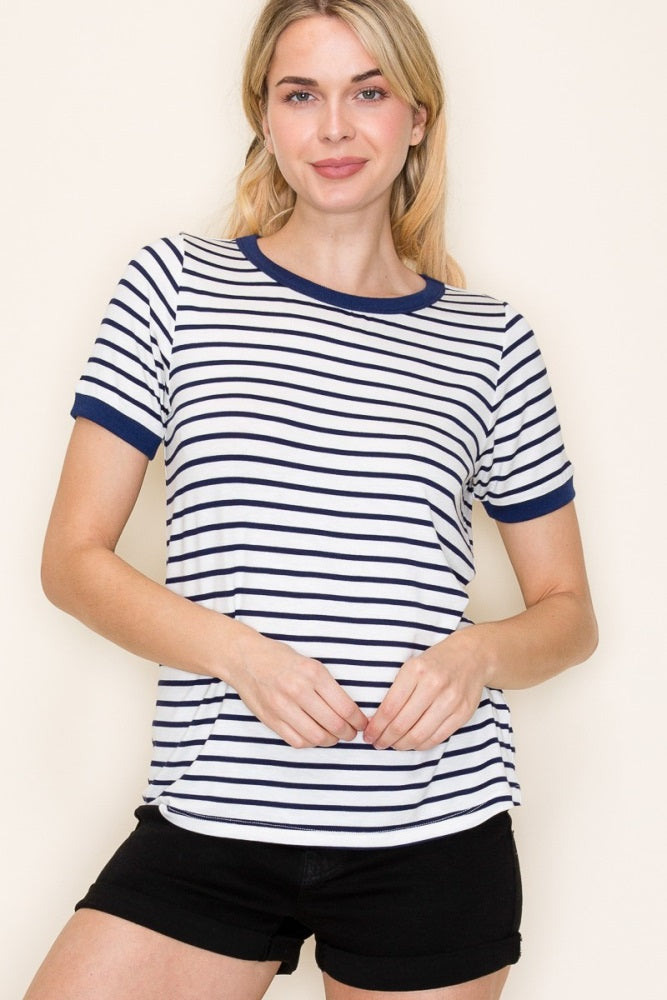 Navy Blue Striped Short Sleeve Top