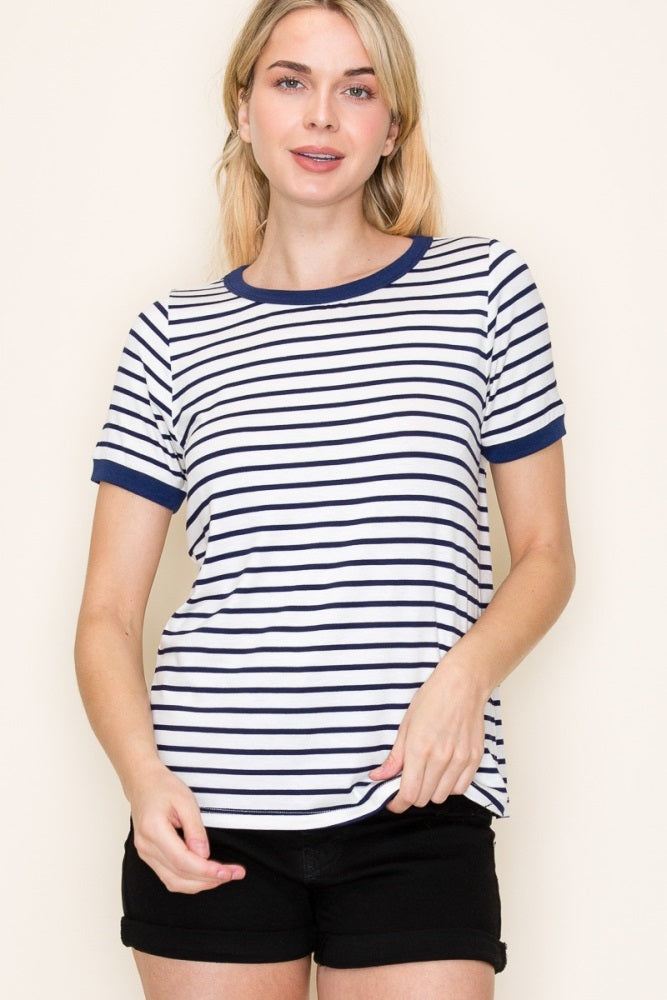Navy Blue Striped Short Sleeve Top