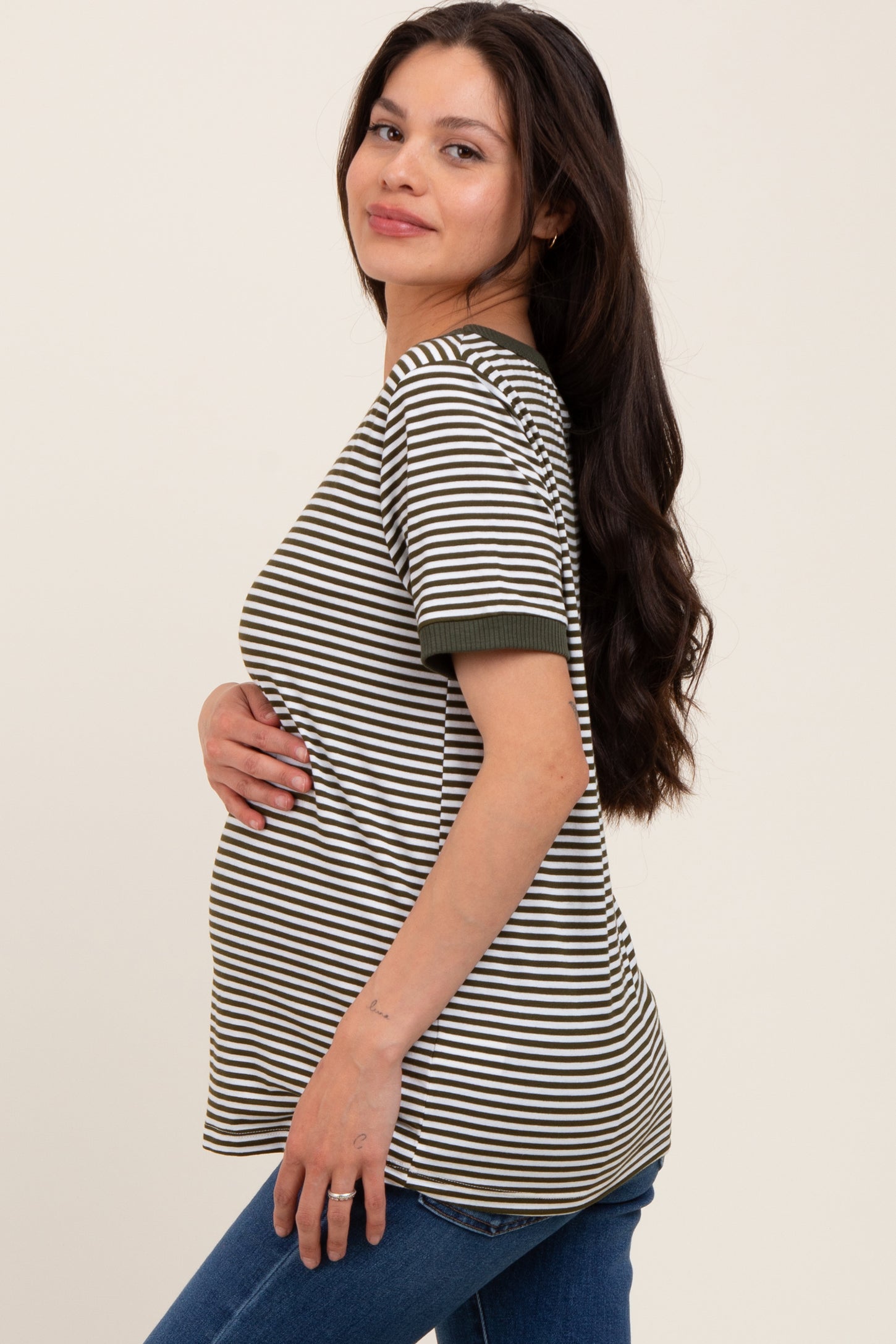Olive Striped Short Sleeve Maternity Top