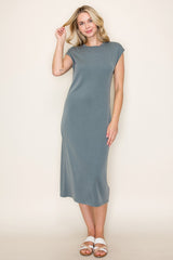 Light Olive Solid Short Sleeve Midi Dress