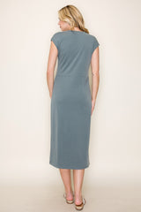 Light Olive Solid Short Sleeve Midi Dress