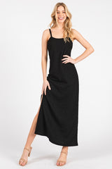 Black Textured Stripe Side Slit Maxi Dress