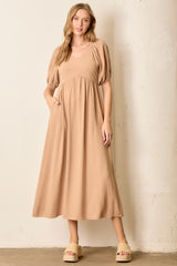 Tan Linen Short Puff Sleeve Midi Dress