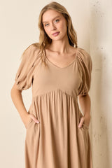 Tan Linen Short Puff Sleeve Midi Dress