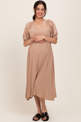 Tan Linen Short Puff Sleeve Maternity Midi Dress