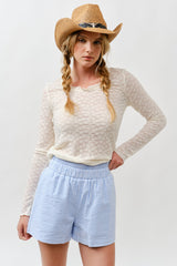 Cream Lace Ruffle Neckline Long Sleeve Top