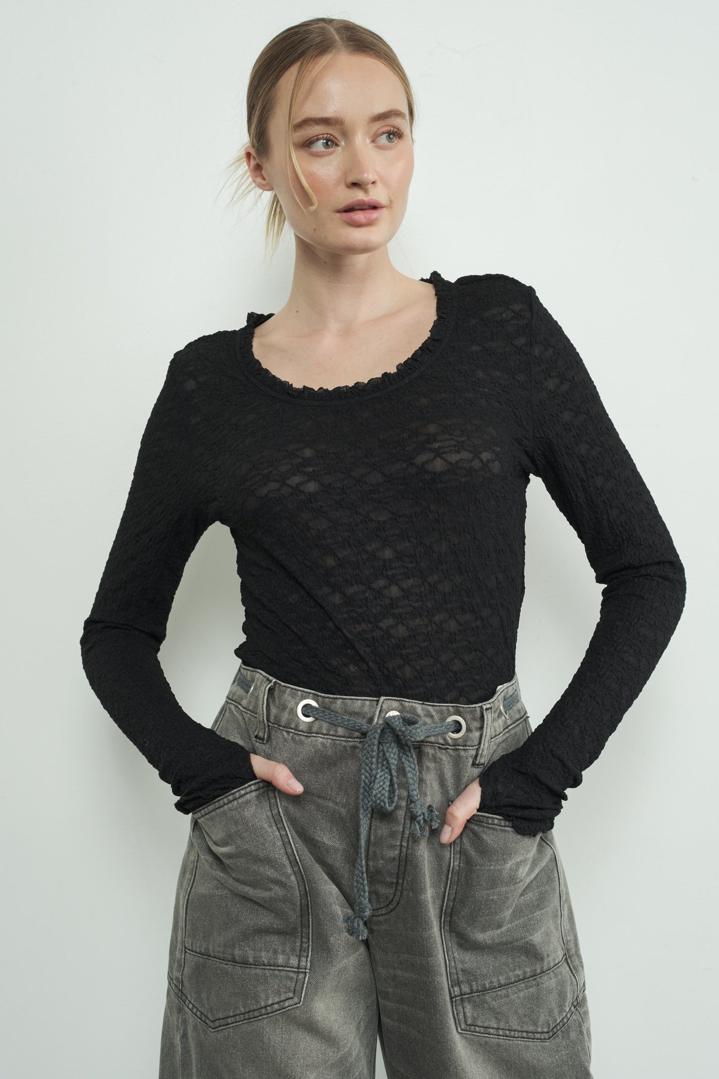 Black Lace Ruffle Neckline Long Sleeve Top