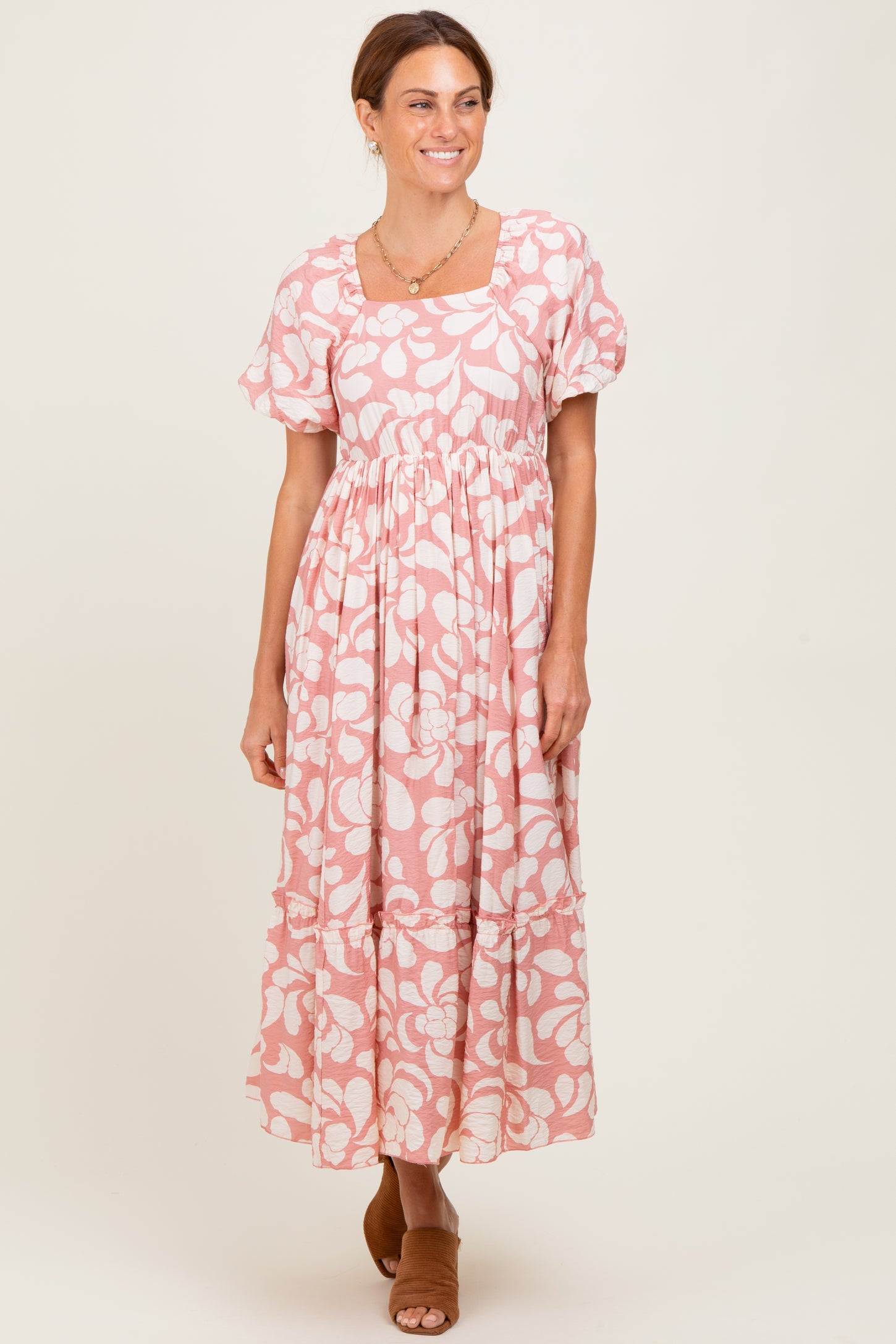 Pink Printed Square Neck Bubble Sleeve Maxi Dress