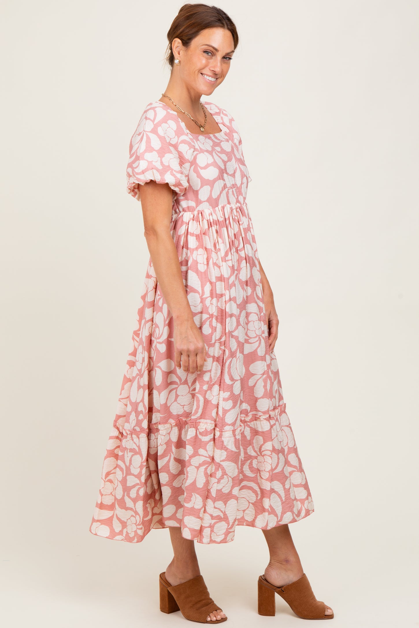 Pink Printed Square Neck Bubble Sleeve Maxi Dress