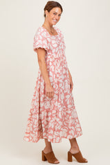 Pink Printed Square Neck Bubble Sleeve Maxi Dress