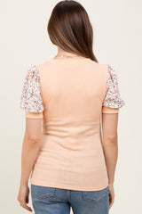 Peach Contrast Floral Puff Sleeve Maternity Top
