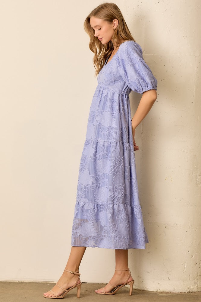 Blue Leaf Textured Tiered Midi Dress