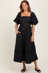 Black Wavy Trim Puff Sleeve Maternity Midi Dress