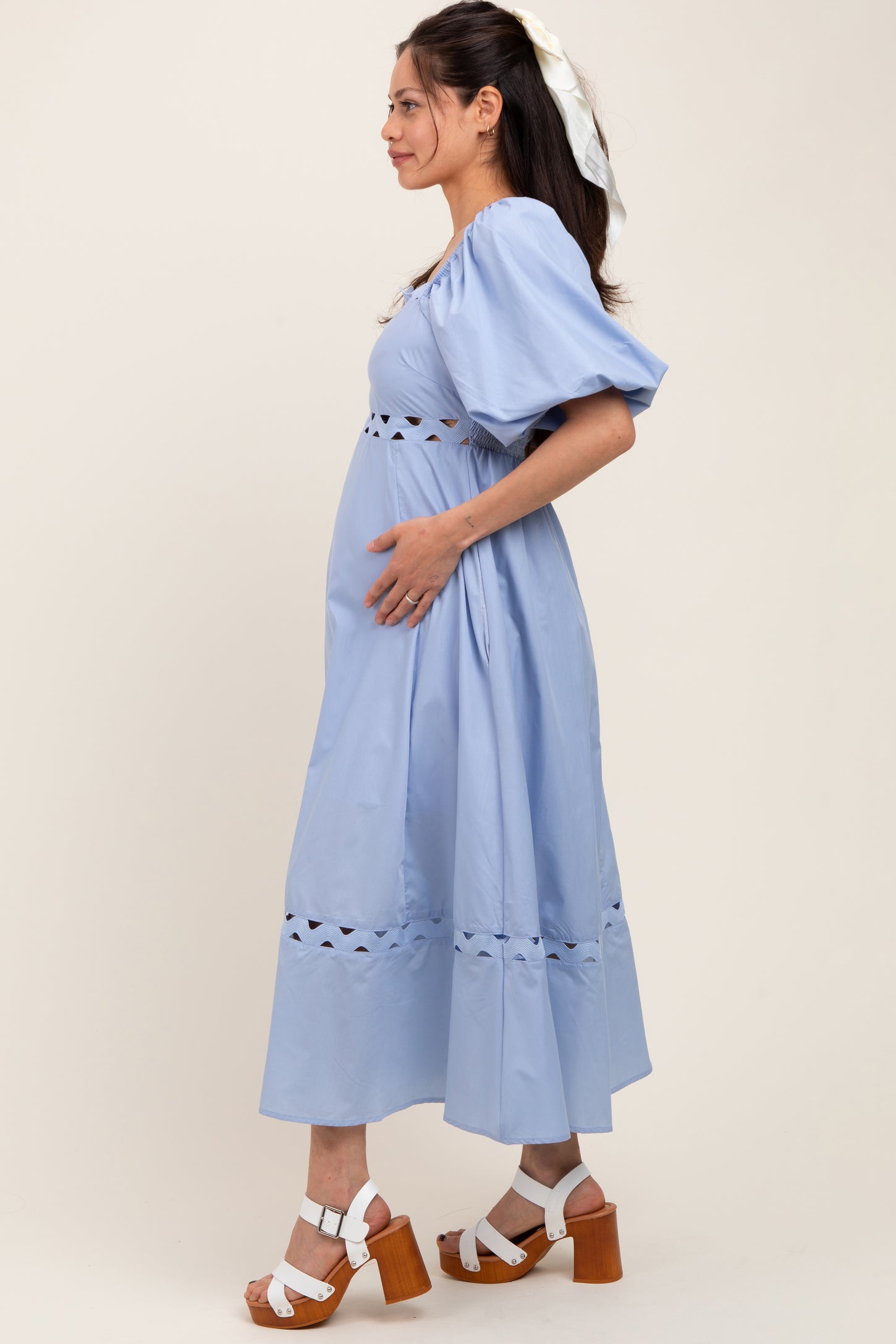 Blue Wavy Trim Puff Sleeve Maternity Midi Dress