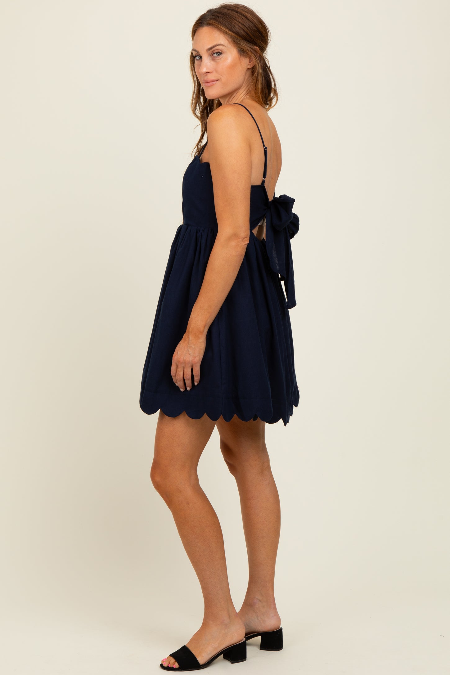 Navy Scallop Edge Cutout Tie Back Mini Dress