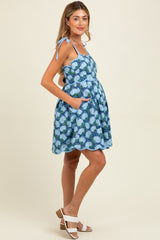 Navy Floral Shoulder Tie Scallop Hem Maternity Dress