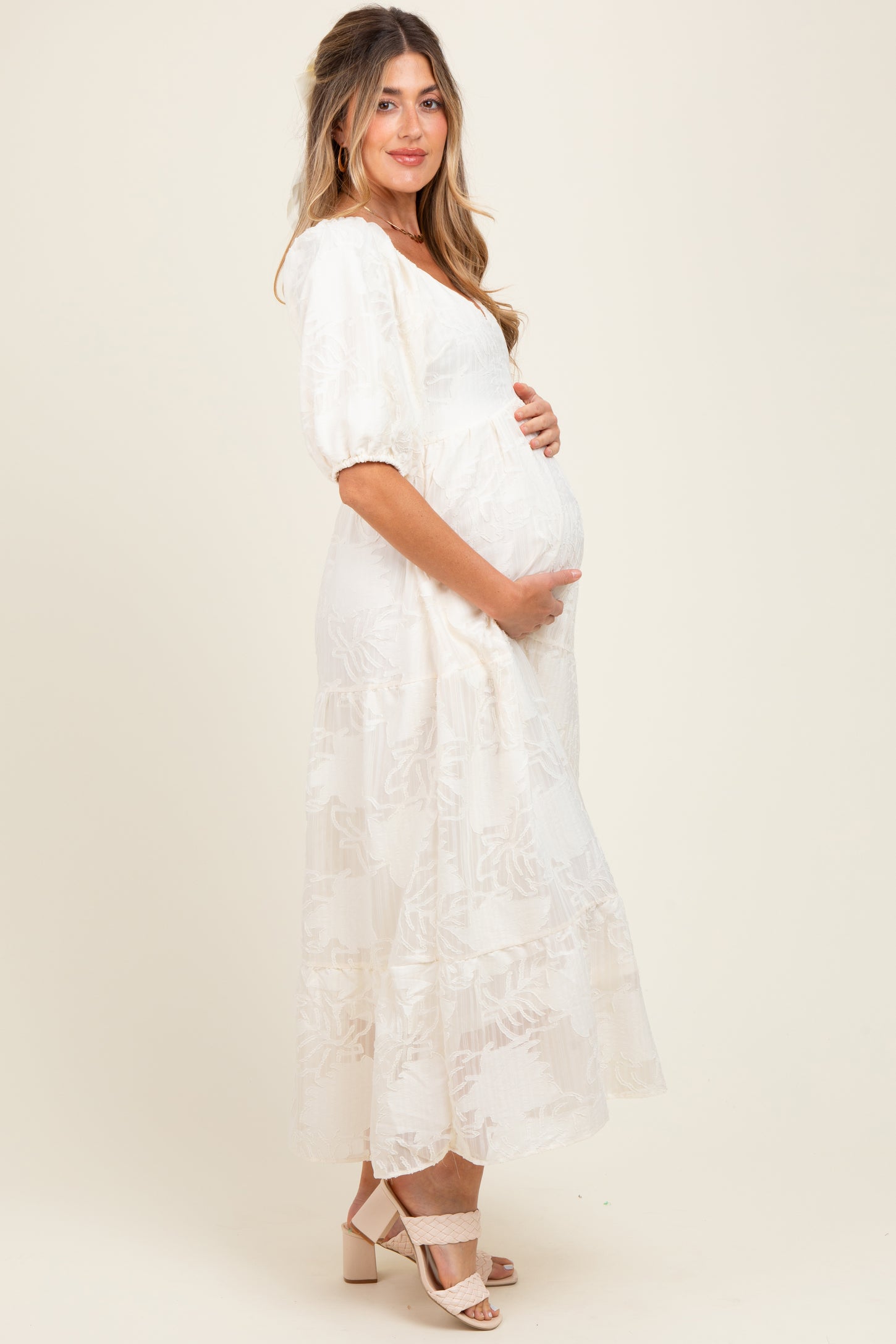 Cream Leaf Textured Tiered Midi Maternity Dress
