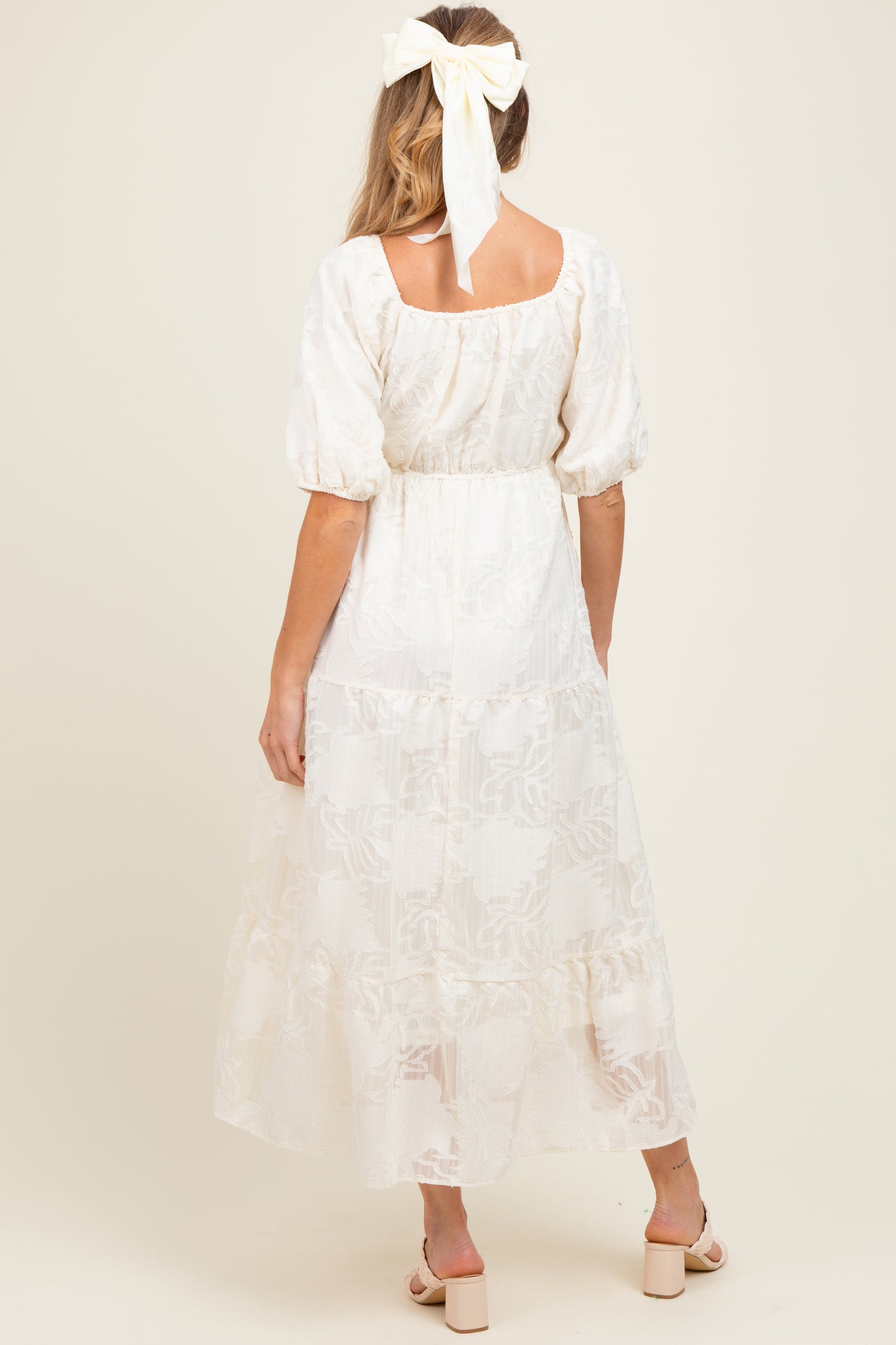 Cream Leaf Textured Tiered Midi Maternity Dress