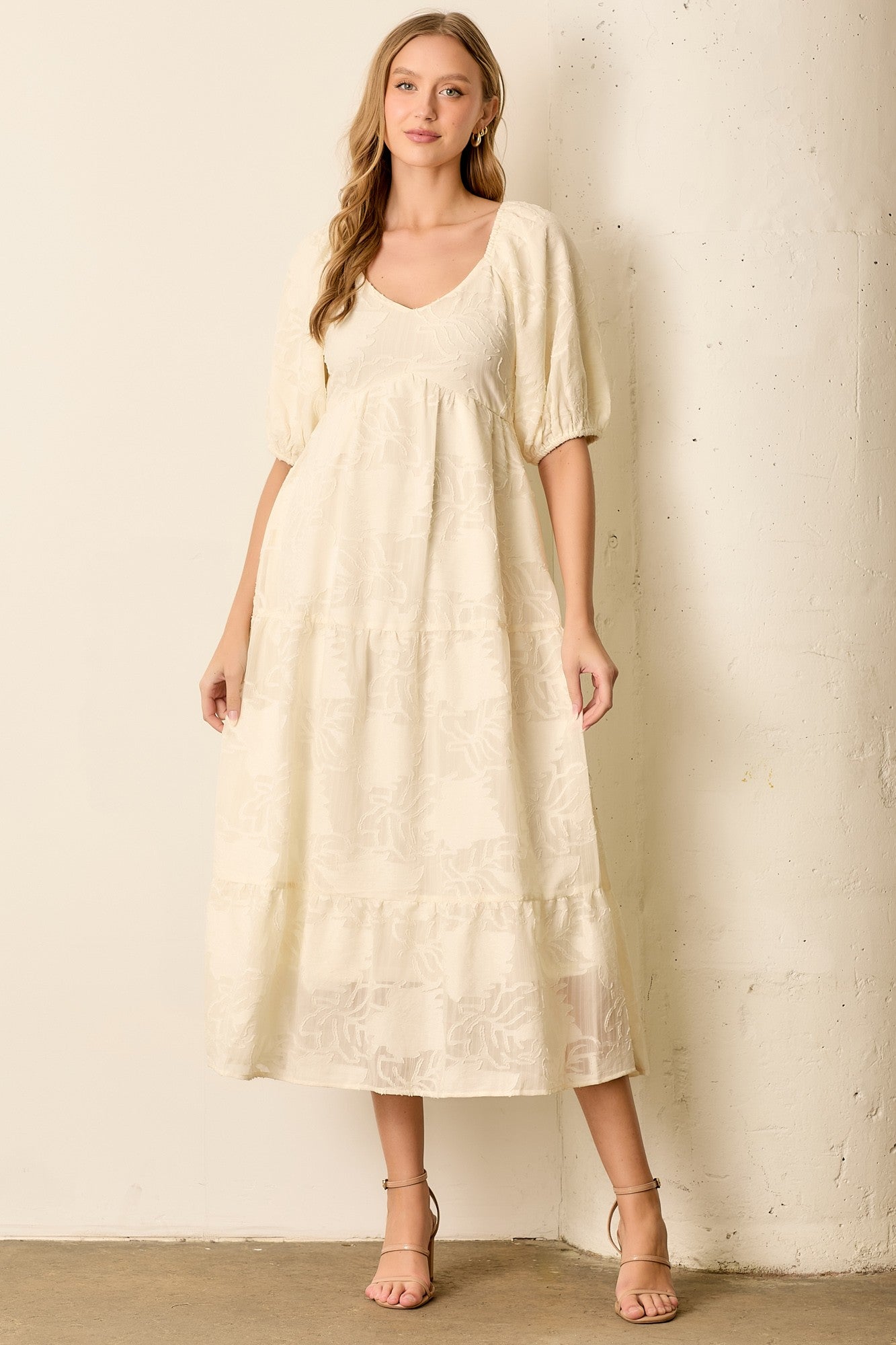 Cream Leaf Textured Tiered Midi Maternity Dress