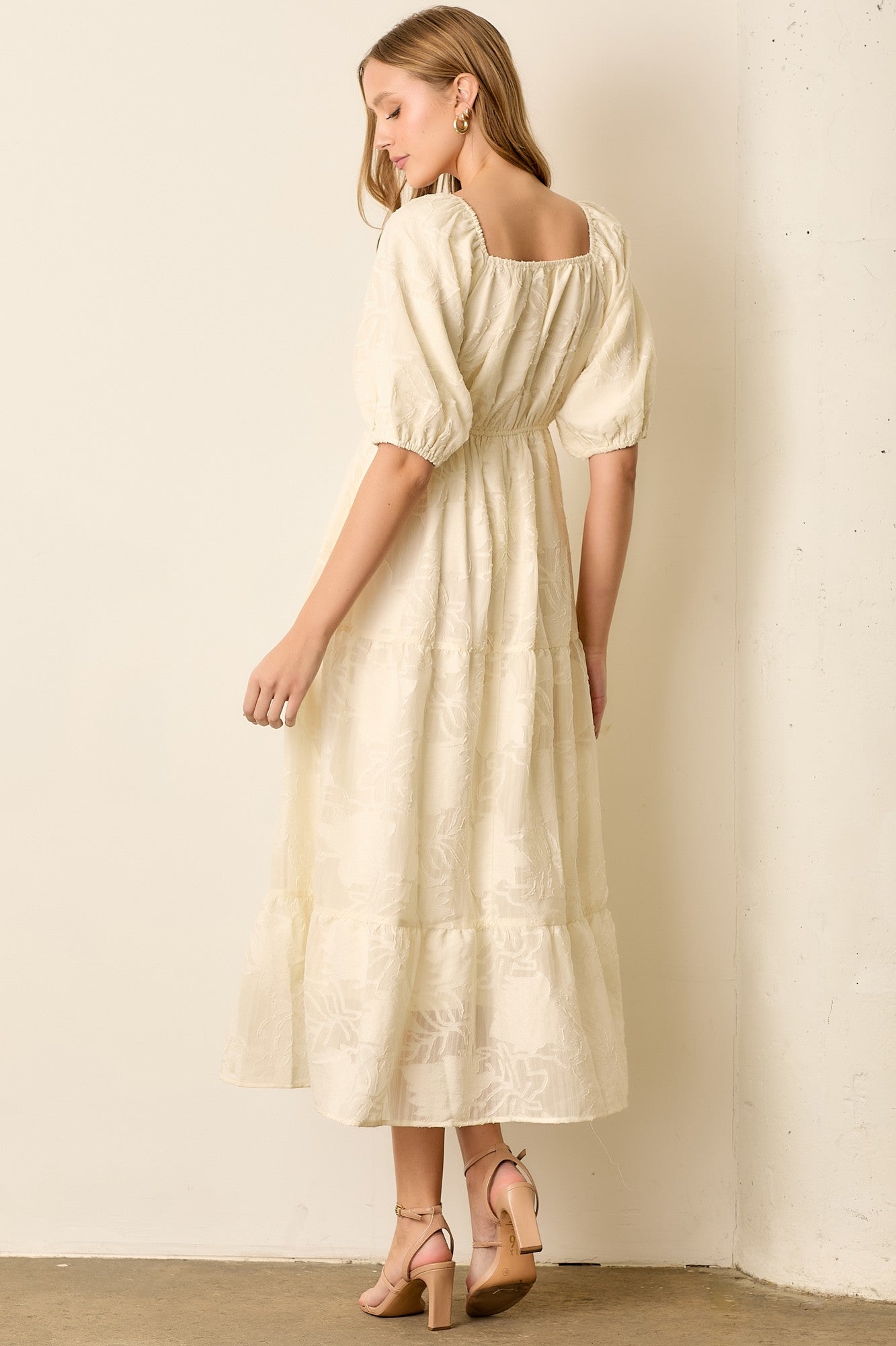 Cream Leaf Textured Tiered Midi Dress