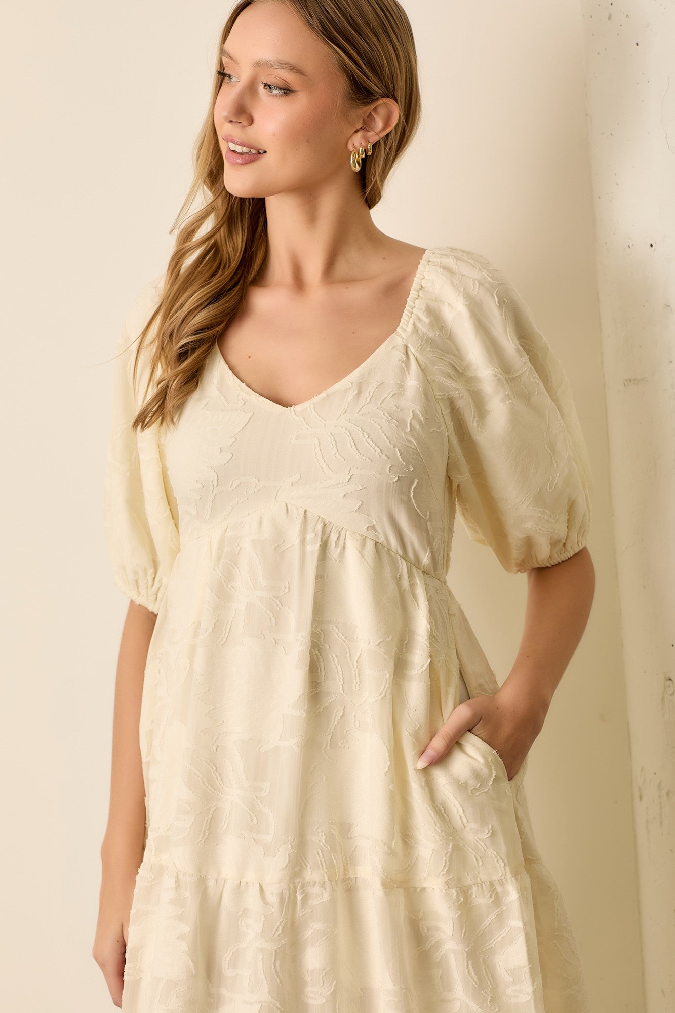 Cream Leaf Textured Tiered Midi Dress