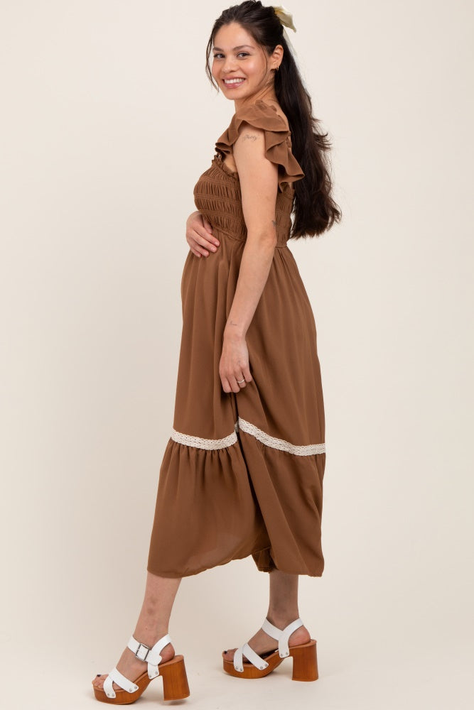 Mocha Smocked Lace Detail Maternity Midi Dress