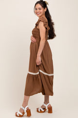 Mocha Smocked Lace Detail Maternity Midi Dress