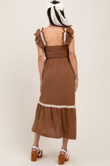 Mocha Smocked Lace Detail Maternity Midi Dress