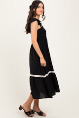 Black Smocked Lace Detail Midi Dress