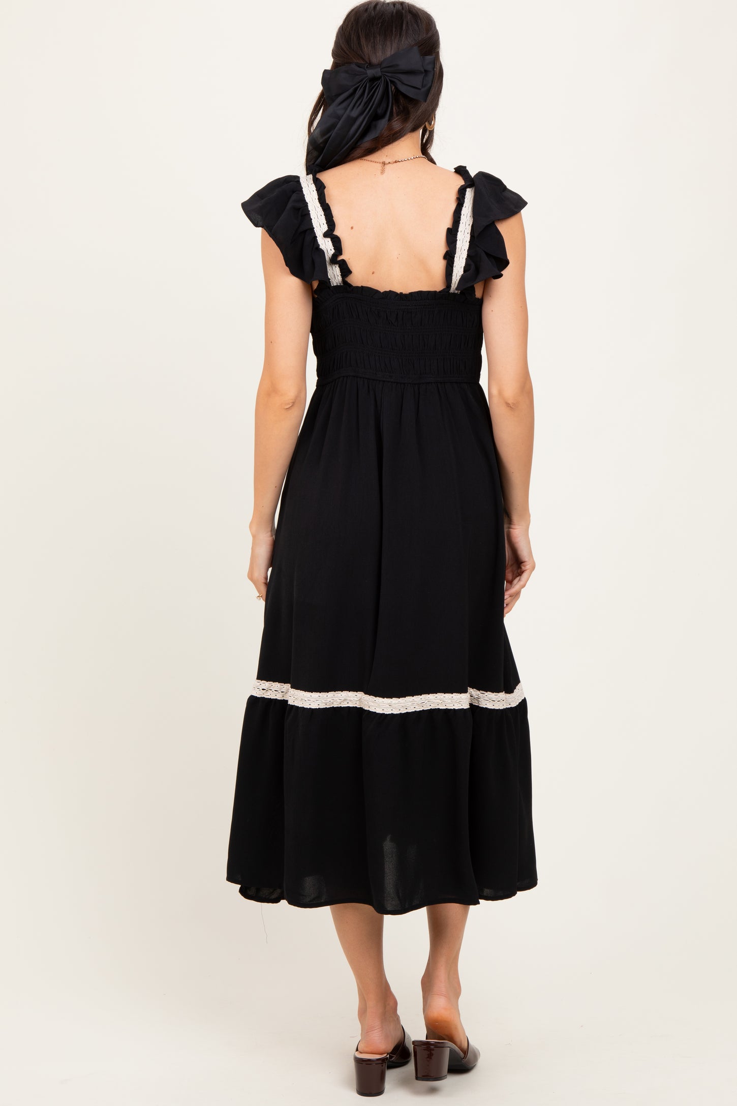 Black Smocked Lace Detail Midi Dress