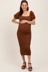 Brown Textured Square Neck Puff Sleeve Maternity Midi Dress