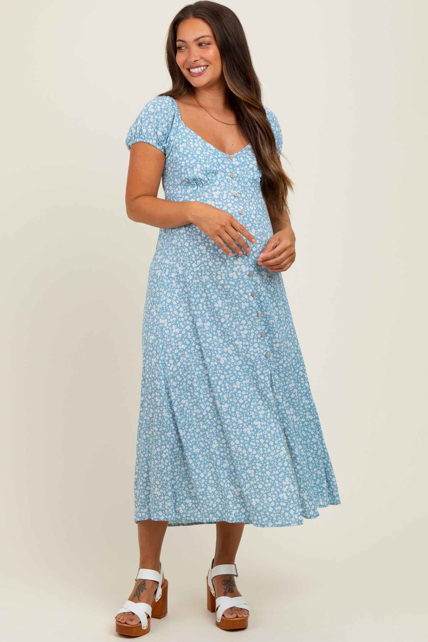 Light Blue Floral V-Neck Button Down Maternity Midi Dress