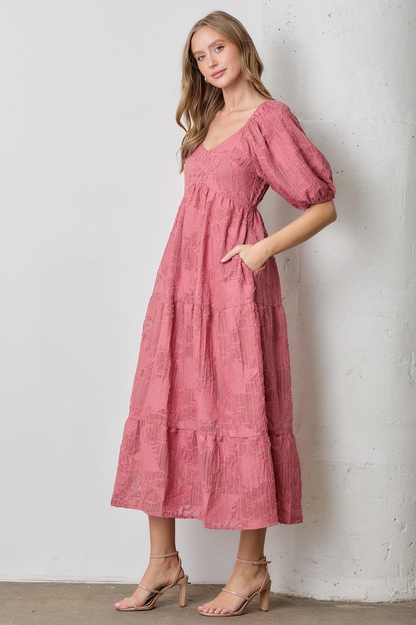 Pink Leaf Textured Tiered Midi Dress