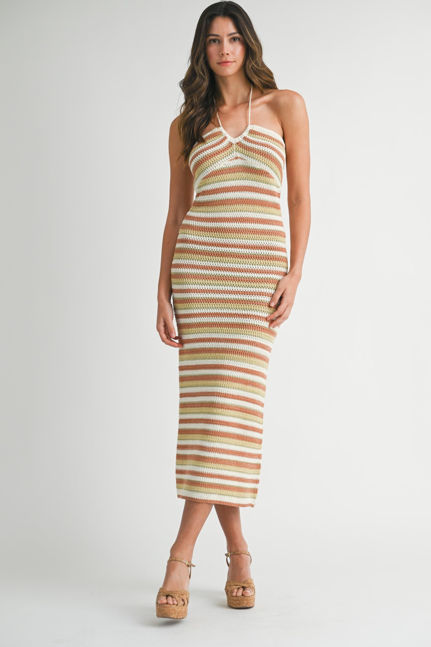Light Olive Striped Halter Crochet Knit Midi Dress