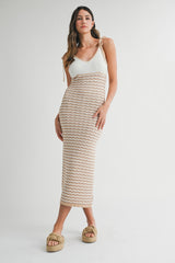 Taupe Contrast Colorblock Knit Shoulder Tie Maternity Midi Dress