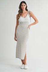 Blue Contrast Colorblock Knit Shoulder Tie Midi Dress