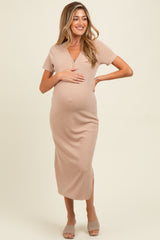 Mocha Ribbed Button Detail Maternity Midi Dress
