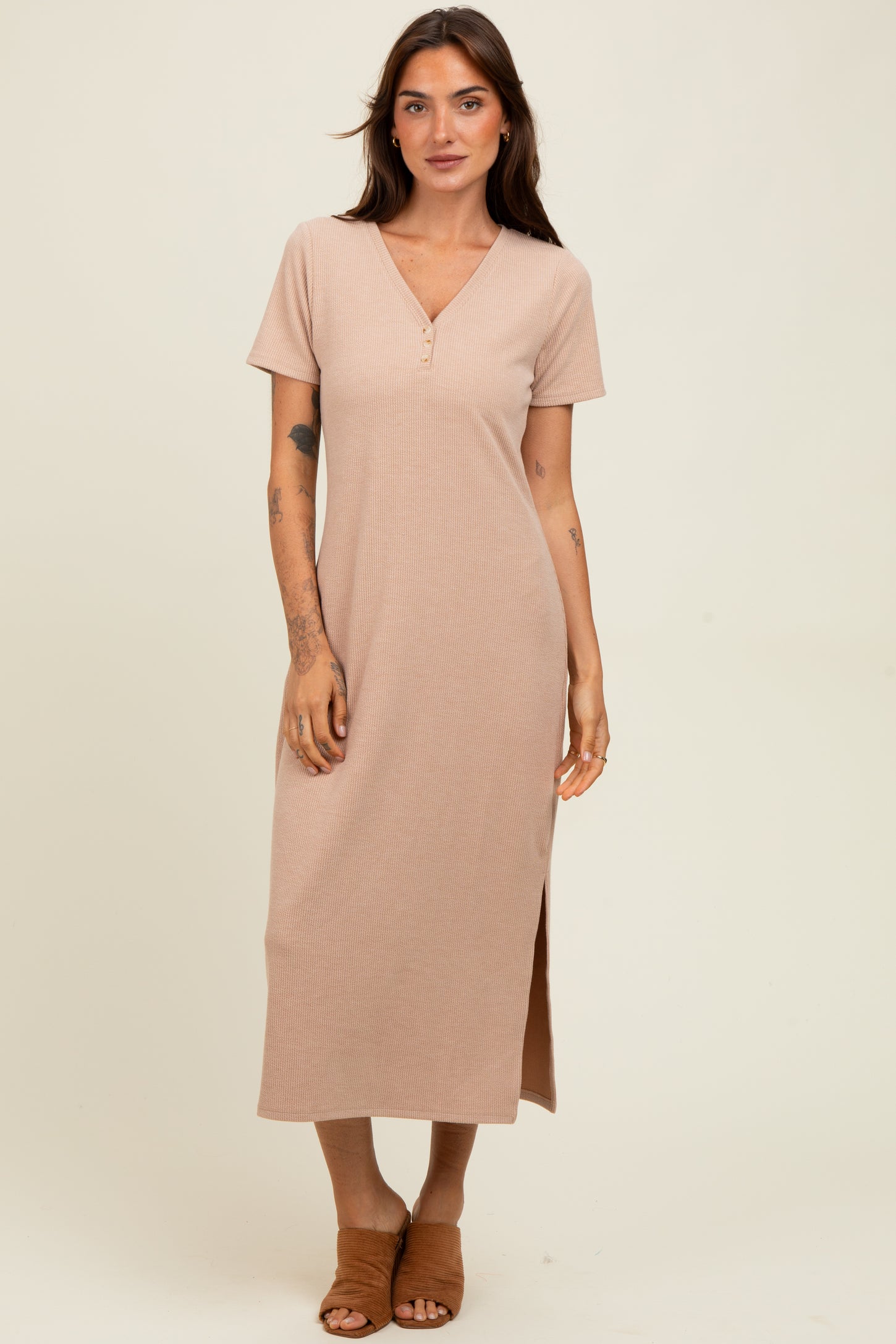 Mocha Ribbed Button Detail Maternity Midi Dress