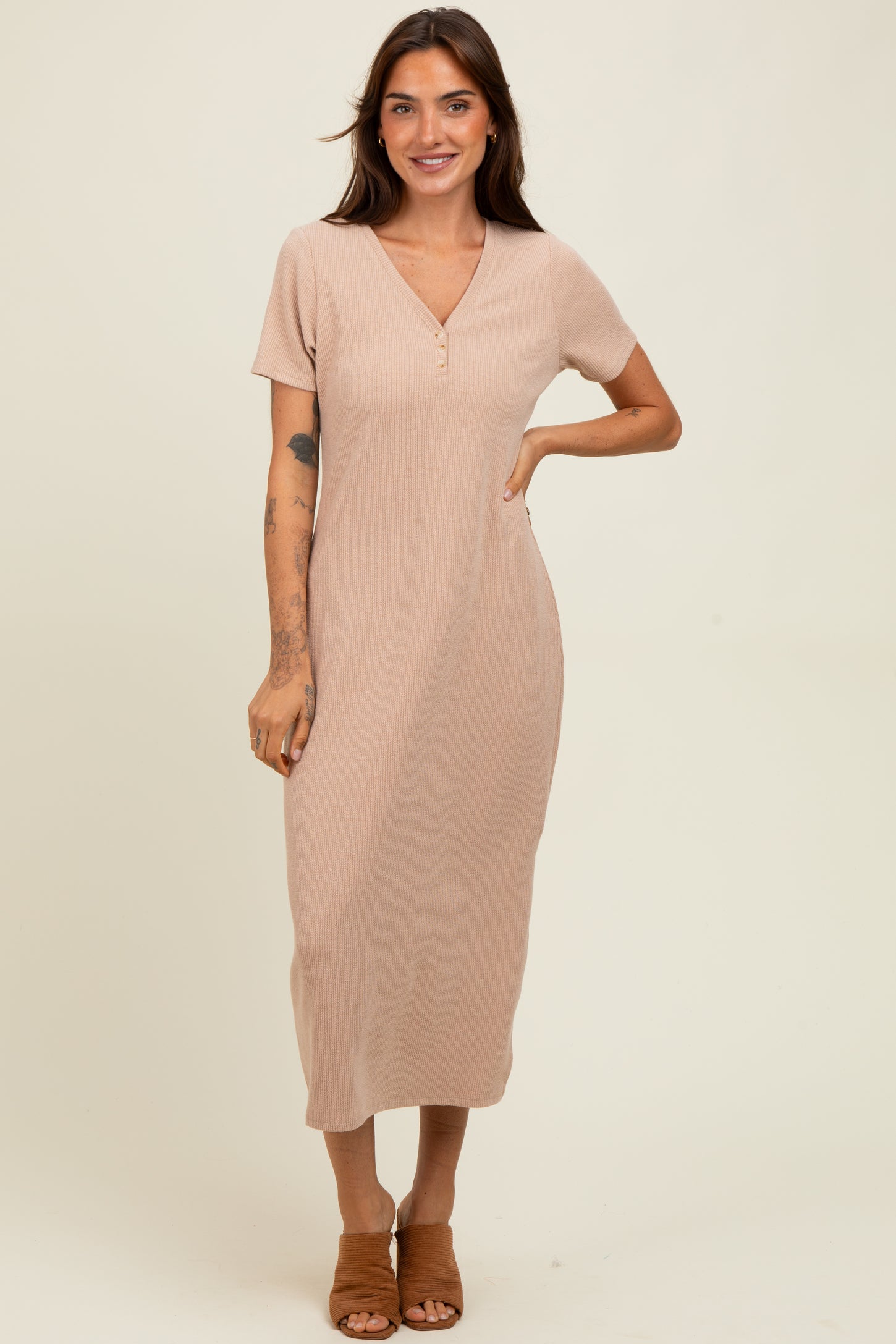 Mocha Ribbed Button Detail Midi Dress