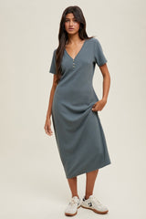 Teal Ribbed Button Detail Midi Dress