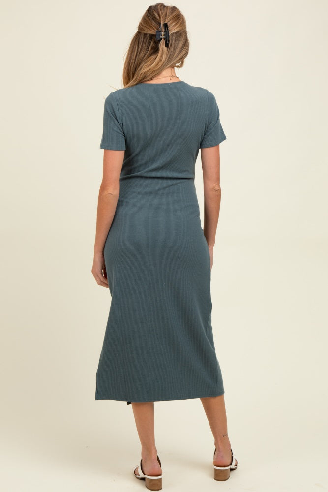 Teal Ribbed Button Detail Maternity Midi Dress