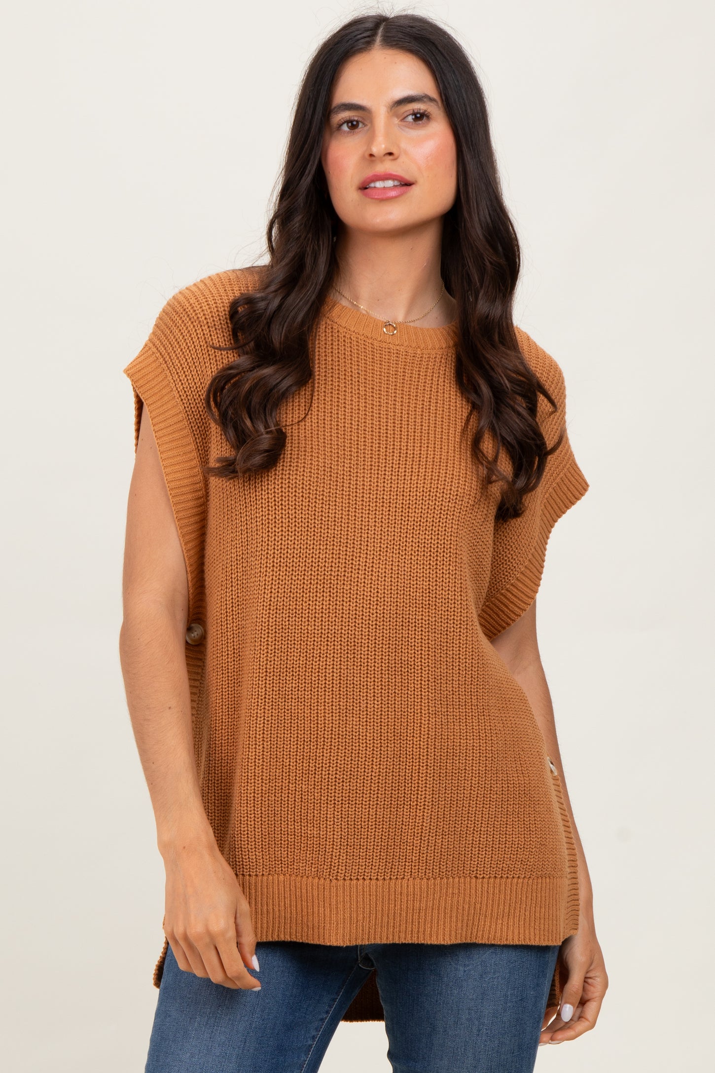 Camel Oversized Side Button Sweater Vest