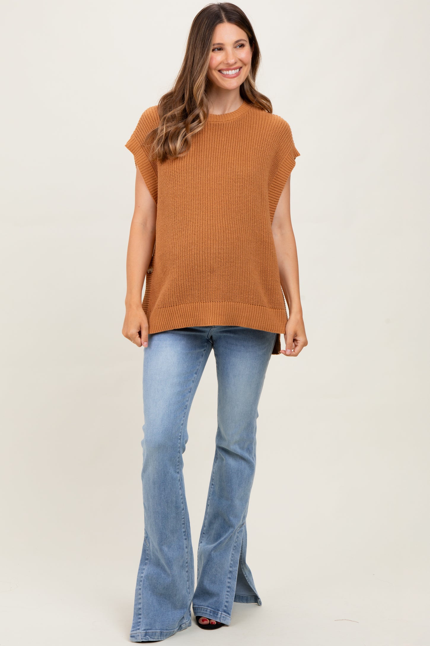Camel Oversized Side Button Maternity Sweater Vest
