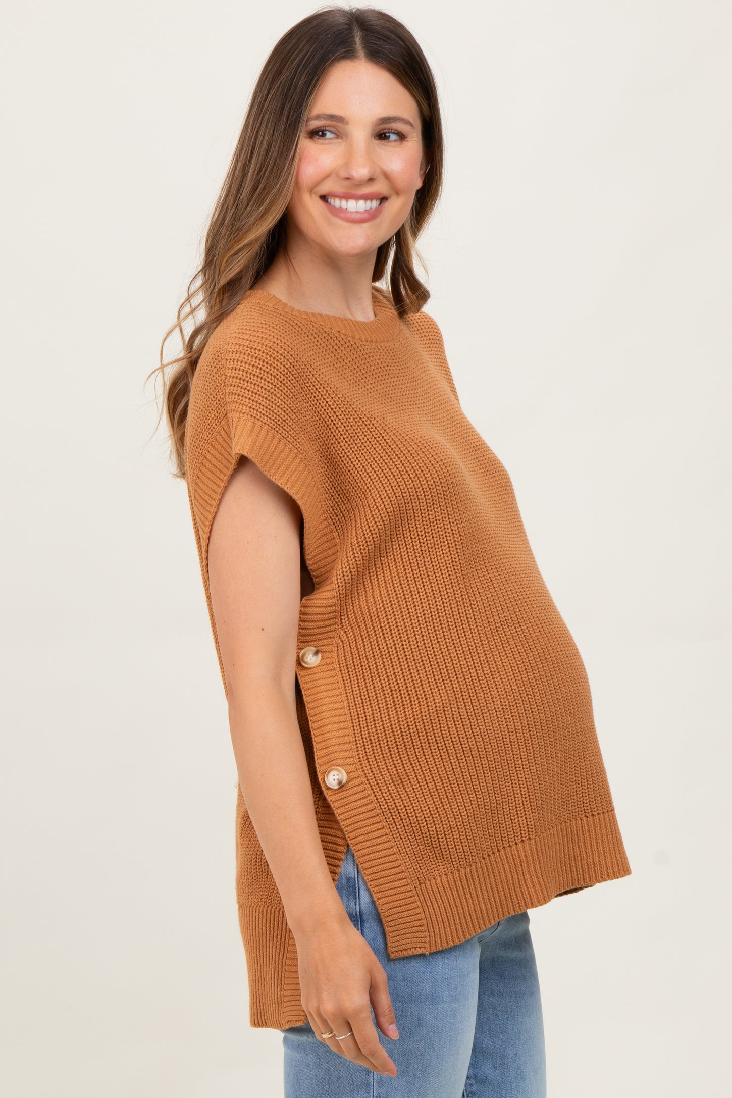 Camel Oversized Side Button Maternity Sweater Vest