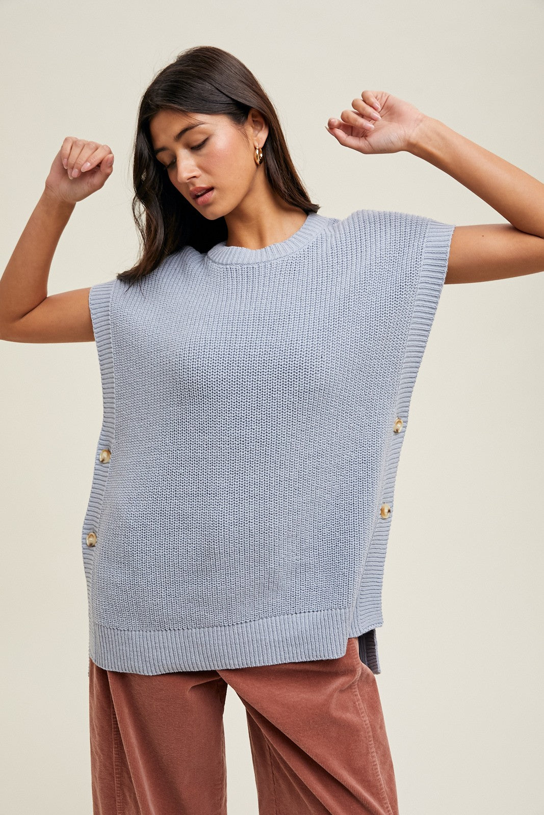 Blue Oversized Side Button Sweater Vest