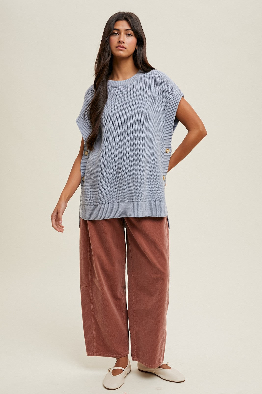 Blue Oversized Side Button Sweater Vest